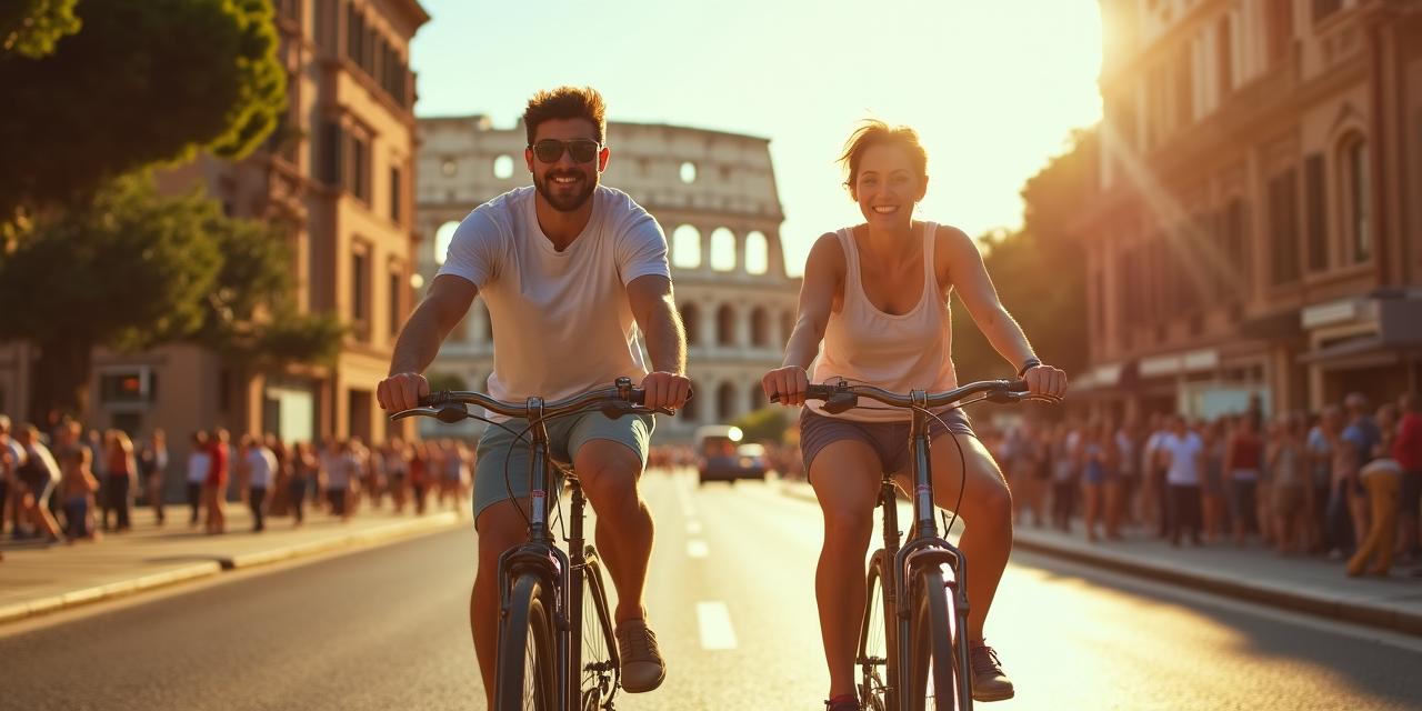 Coppia che pedala in bicicletta davanti al Colosseo