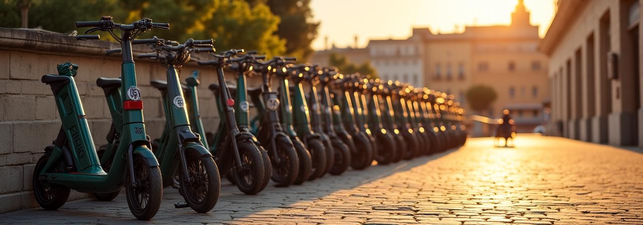 Vista panoramica di Roma con biciclette ed e-scooter moderni